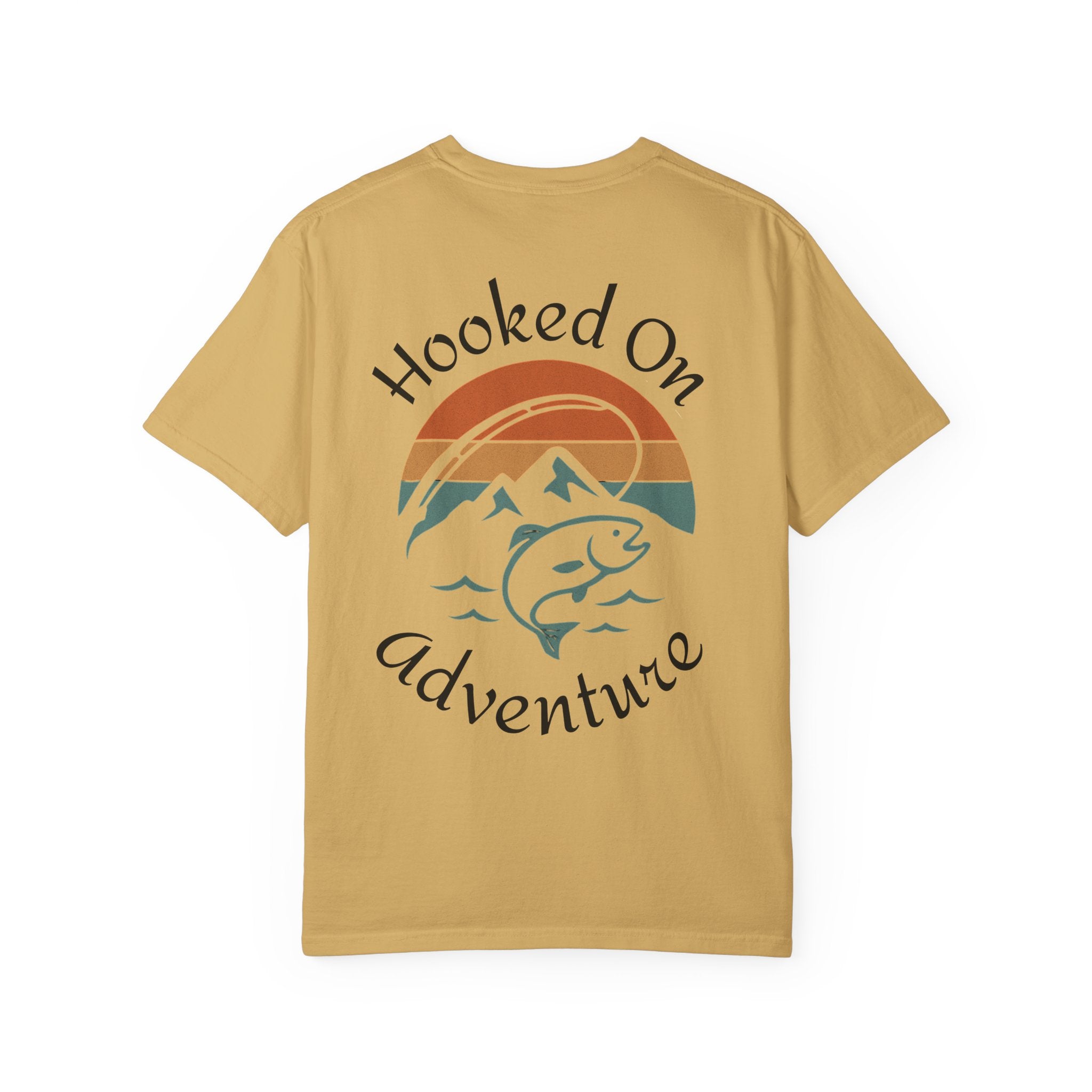 Hooked On Adventure T-Shirt - Retro Fishing Mountain Tee--Graphic on Back