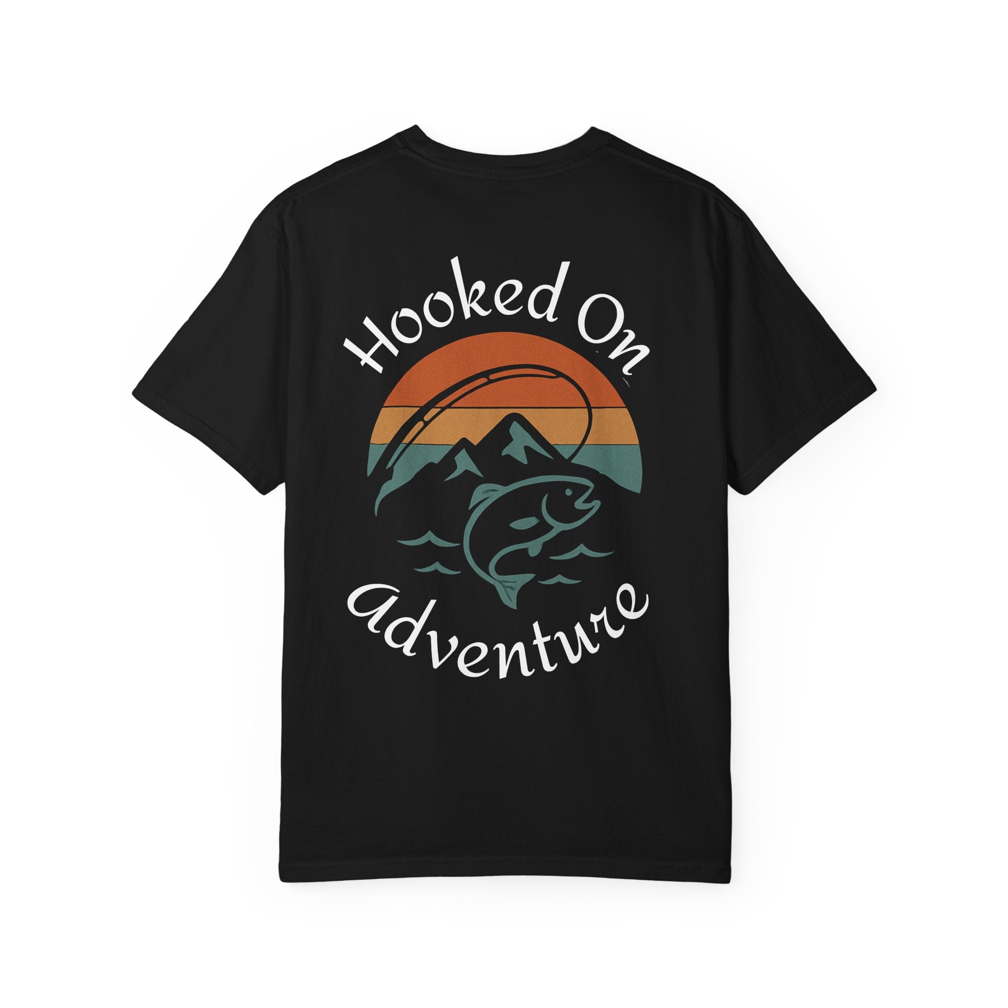 Hooked On Adventure T-Shirt - Retro Fishing Mountain Tee--Graphic on Back