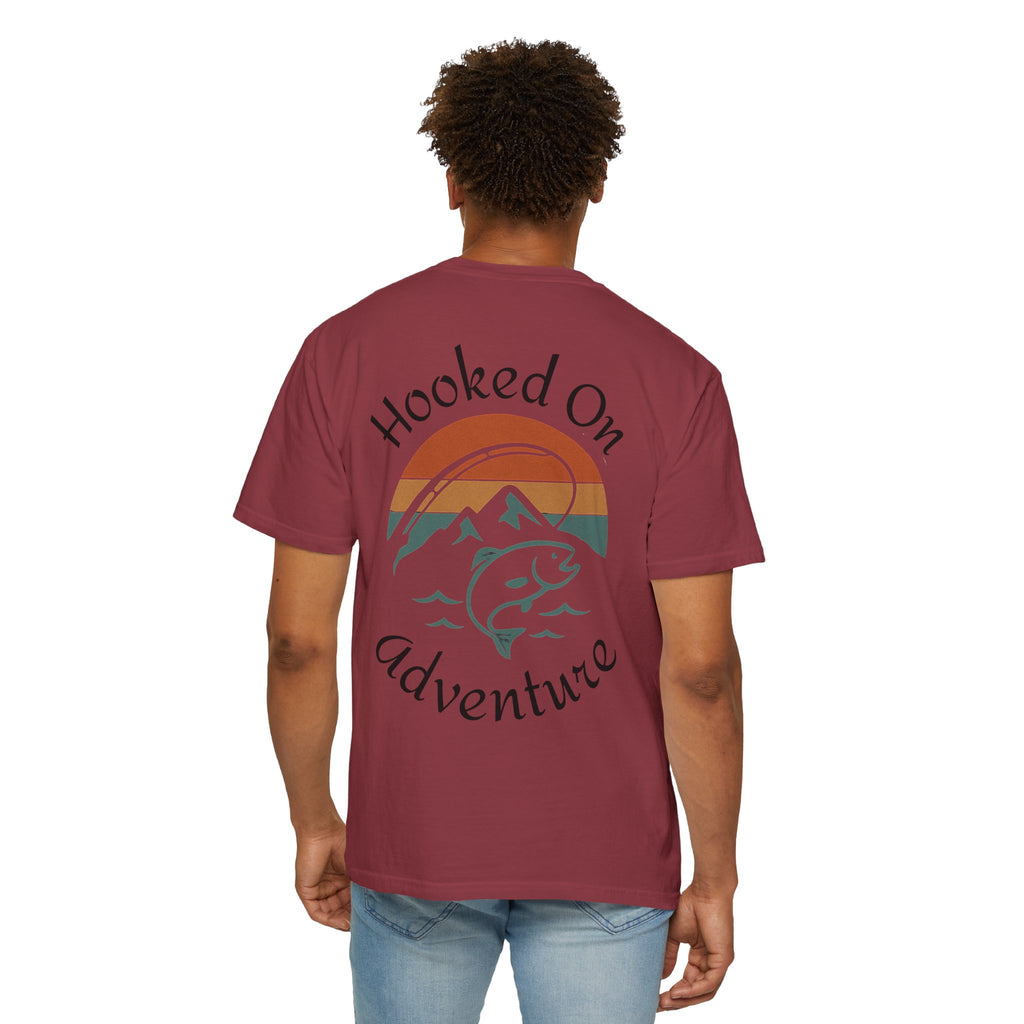 Hooked On Adventure T-Shirt - Retro Fishing Mountain Tee--Graphic on Back