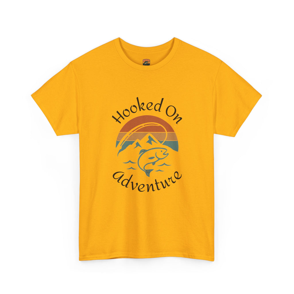 "Hooked on Adventure" Retro Mountain Fishing Graphic Tee--Front Graphic Fishing T-Shirt