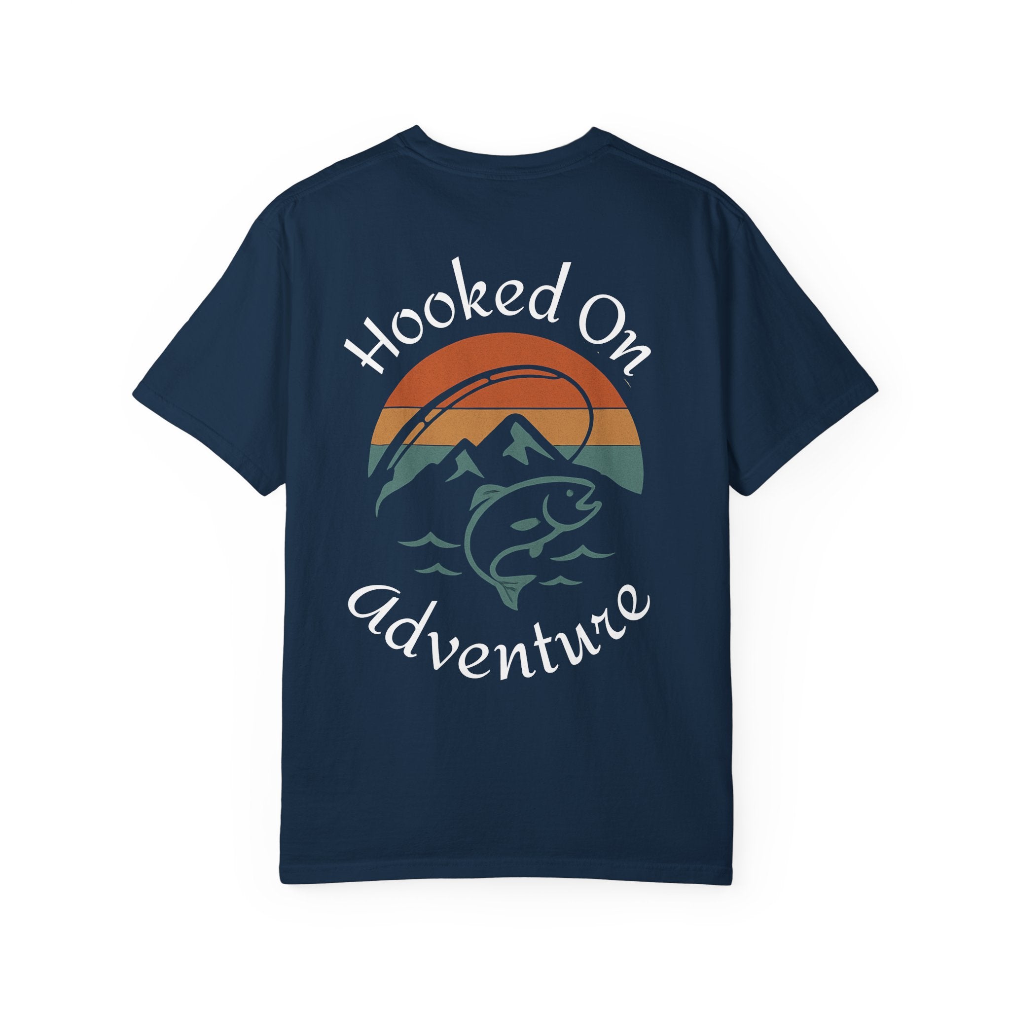 Hooked On Adventure T-Shirt - Retro Fishing Mountain Tee--Graphic on Back