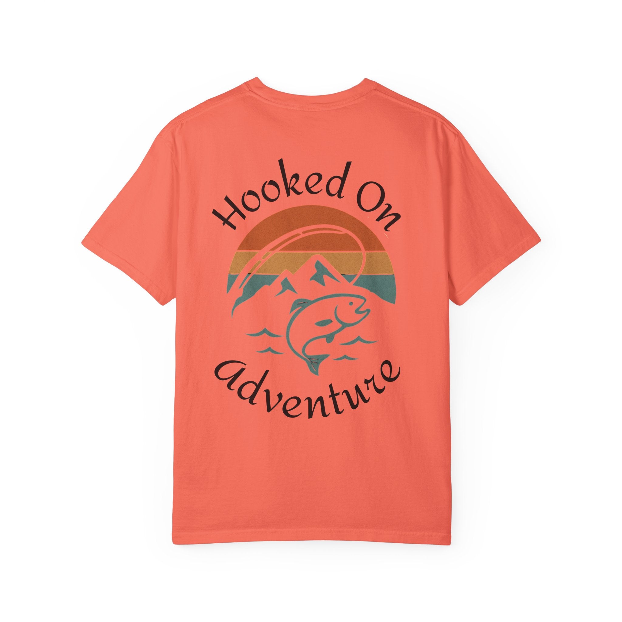 Hooked On Adventure T-Shirt - Retro Fishing Mountain Tee--Graphic on Back