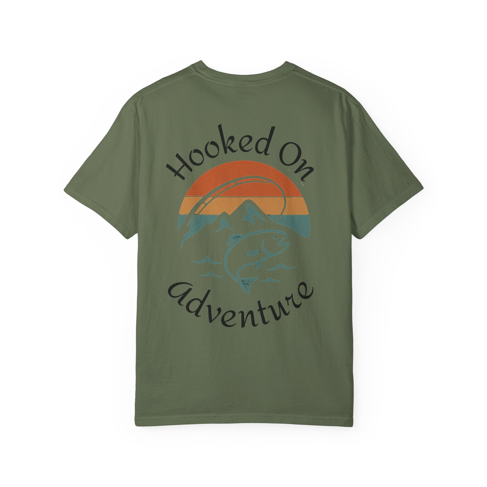 Hooked On Adventure T-Shirt - Retro Fishing Mountain Tee--Graphic on Back