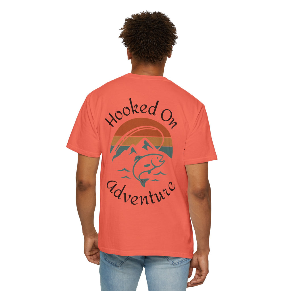 Hooked On Adventure T-Shirt - Retro Fishing Mountain Tee--Graphic on Back