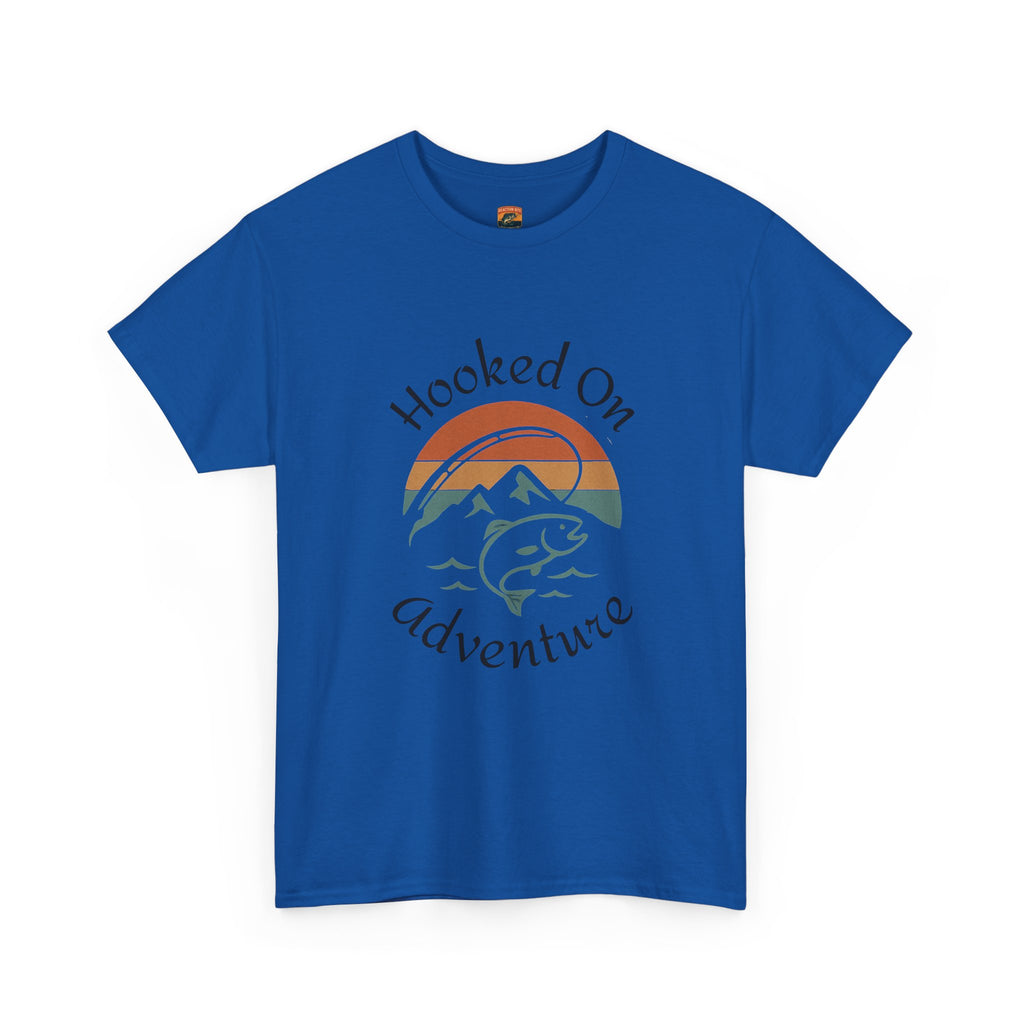 "Hooked on Adventure" Retro Mountain Fishing Graphic Tee--Front Graphic Fishing T-Shirt