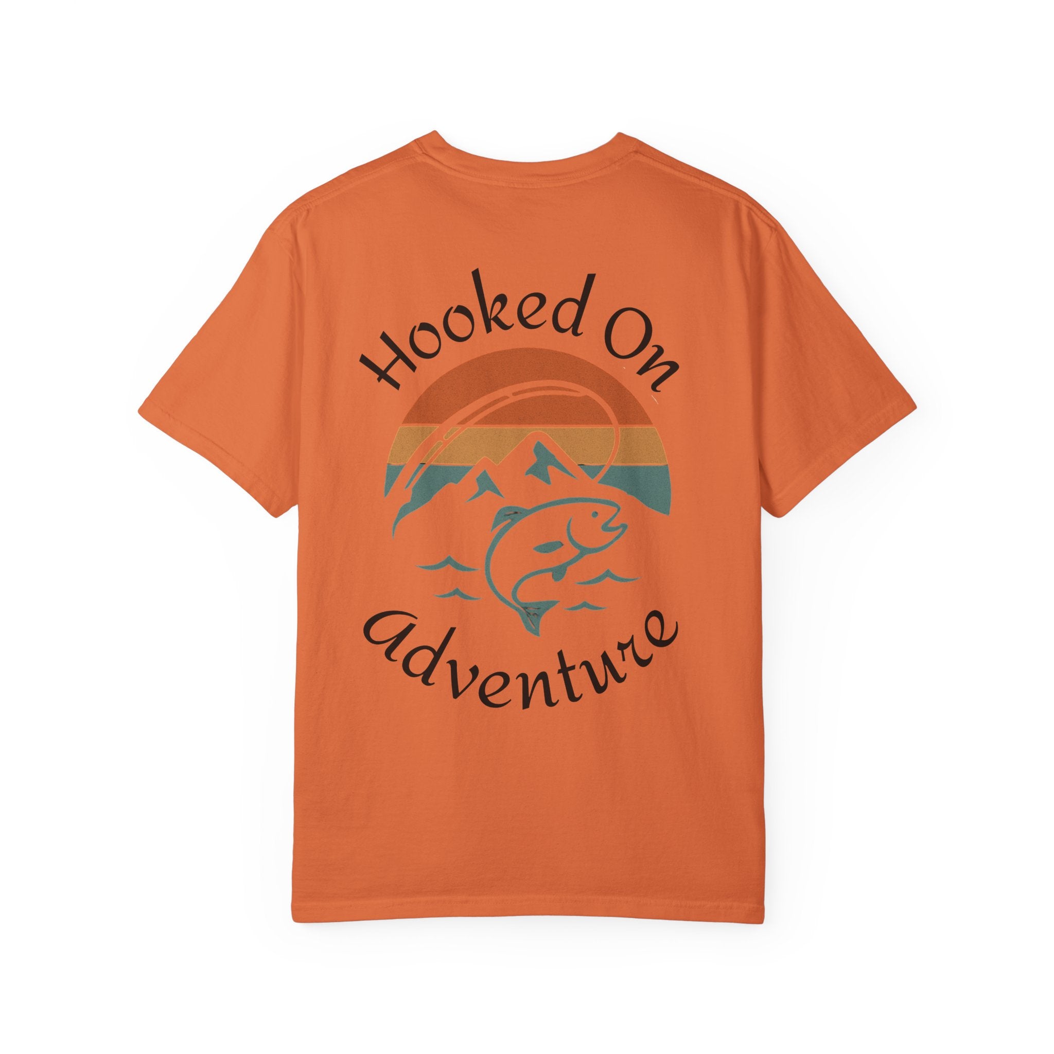 Hooked On Adventure T-Shirt - Retro Fishing Mountain Tee--Graphic on Back