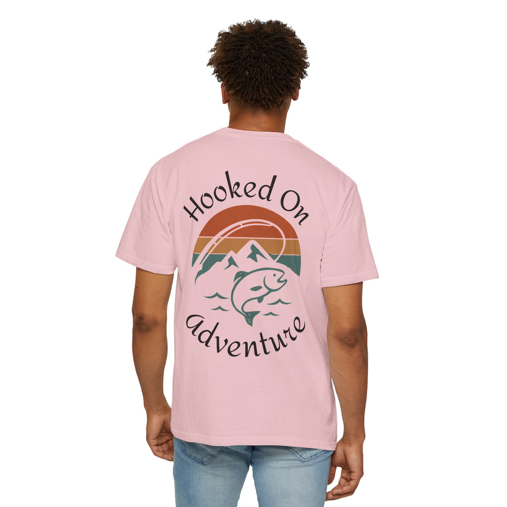 Hooked On Adventure T-Shirt - Retro Fishing Mountain Tee--Graphic on Back