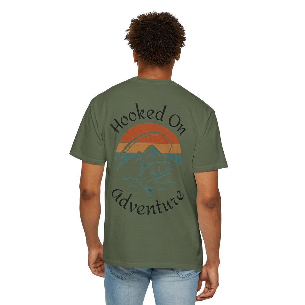 Hooked On Adventure T-Shirt - Retro Fishing Mountain Tee--Graphic on Back