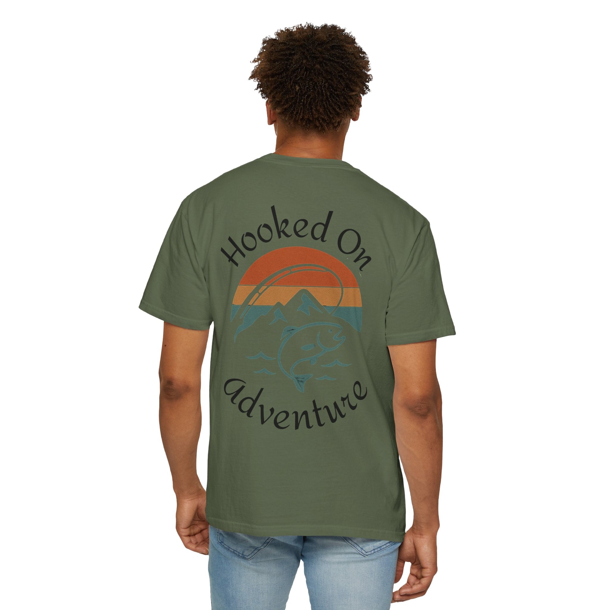 Hooked On Adventure T-Shirt - Retro Fishing Mountain Tee--Graphic on Back