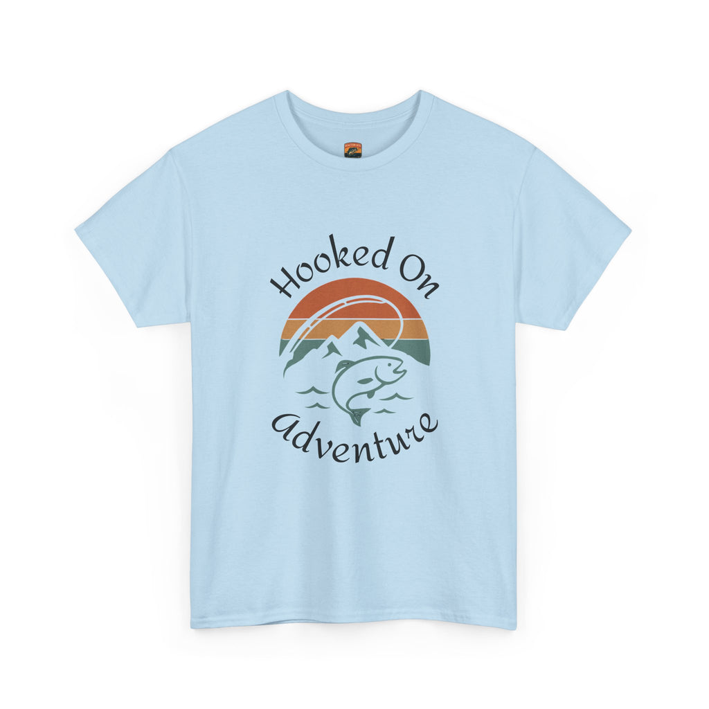 "Hooked on Adventure" Retro Mountain Fishing Graphic Tee--Front Graphic Fishing T-Shirt