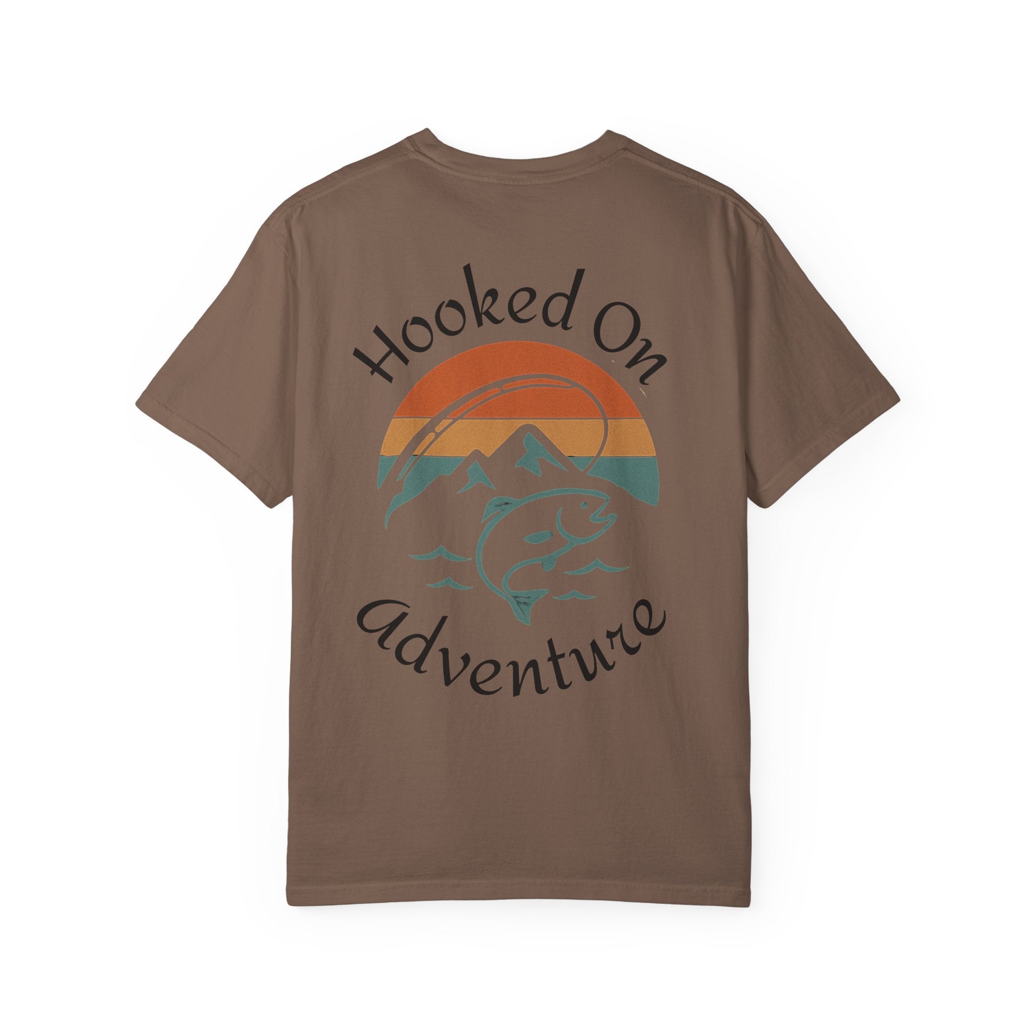 Hooked On Adventure T-Shirt - Retro Fishing Mountain Tee--Graphic on Back
