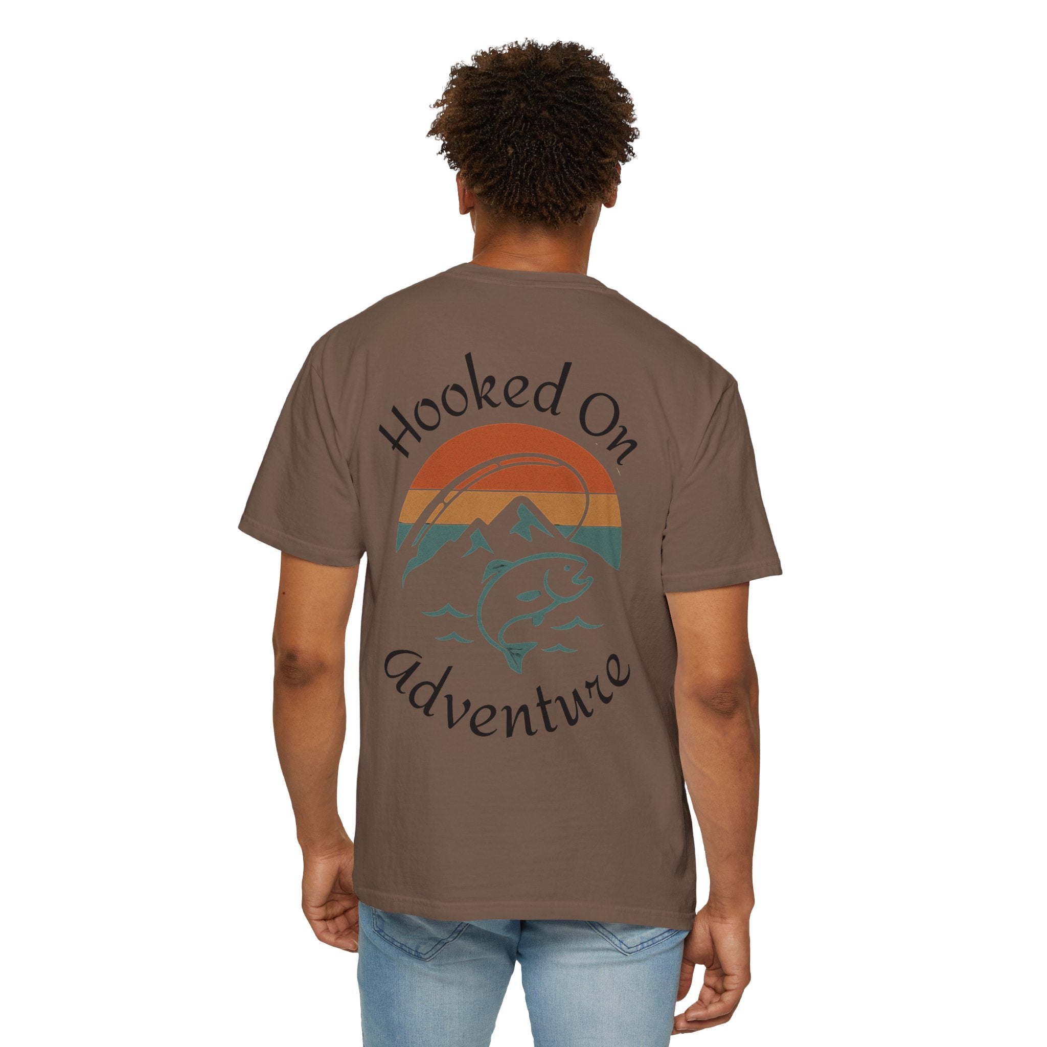 Hooked On Adventure T-Shirt - Retro Fishing Mountain Tee--Graphic on Back