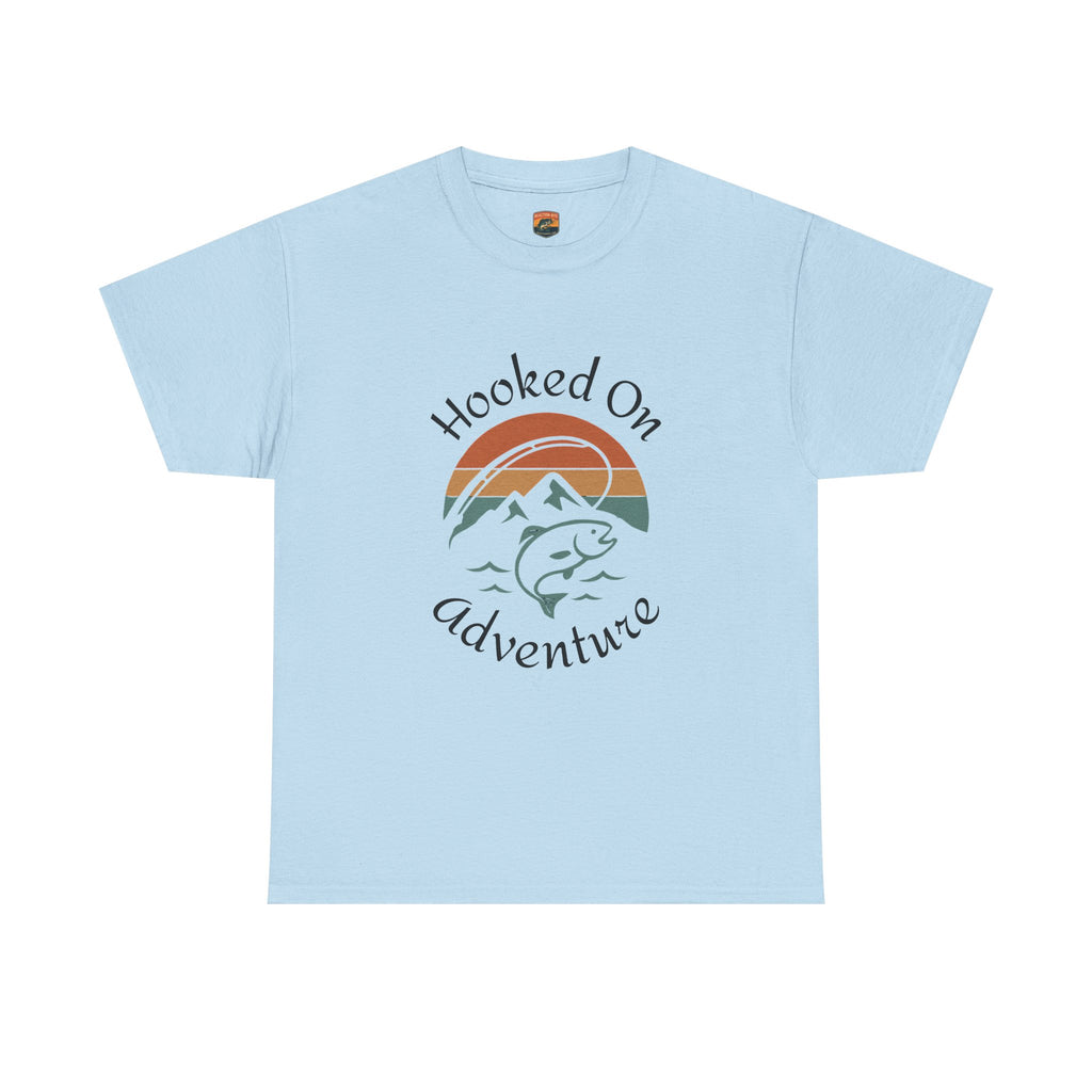 "Hooked on Adventure" Retro Mountain Fishing Graphic Tee--Front Graphic Fishing T-Shirt