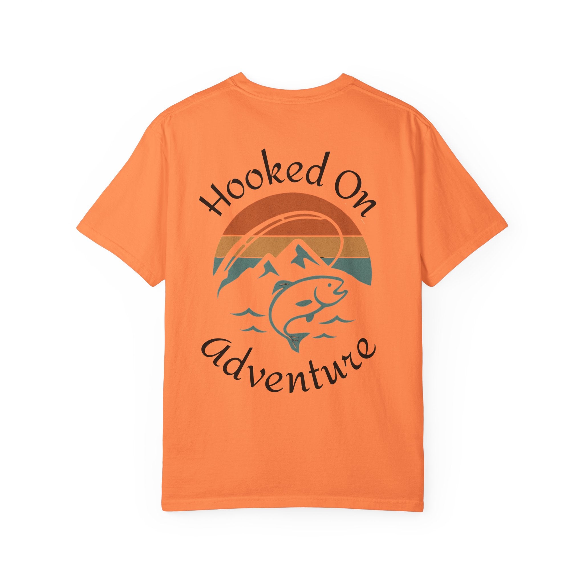 Hooked On Adventure T-Shirt - Retro Fishing Mountain Tee--Graphic on Back