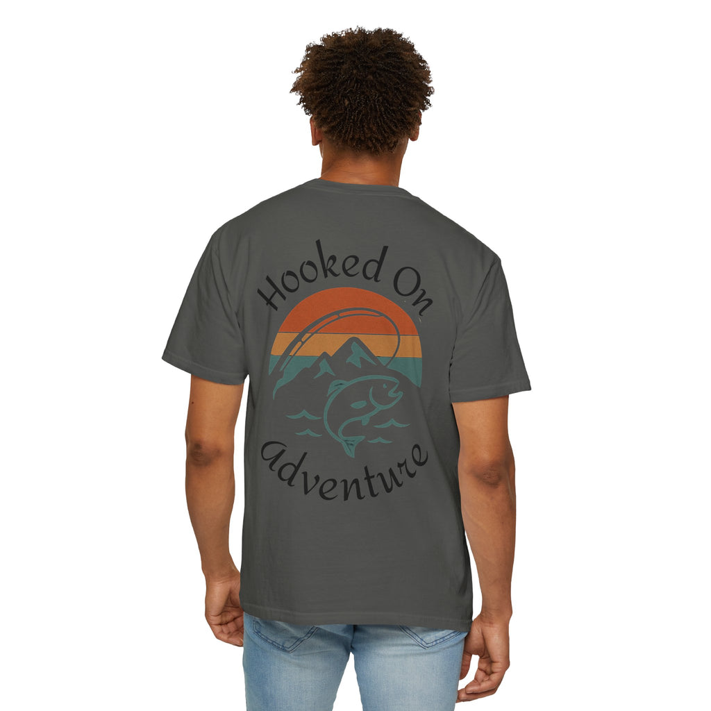Hooked On Adventure T-Shirt - Retro Fishing Mountain Tee--Graphic on Back