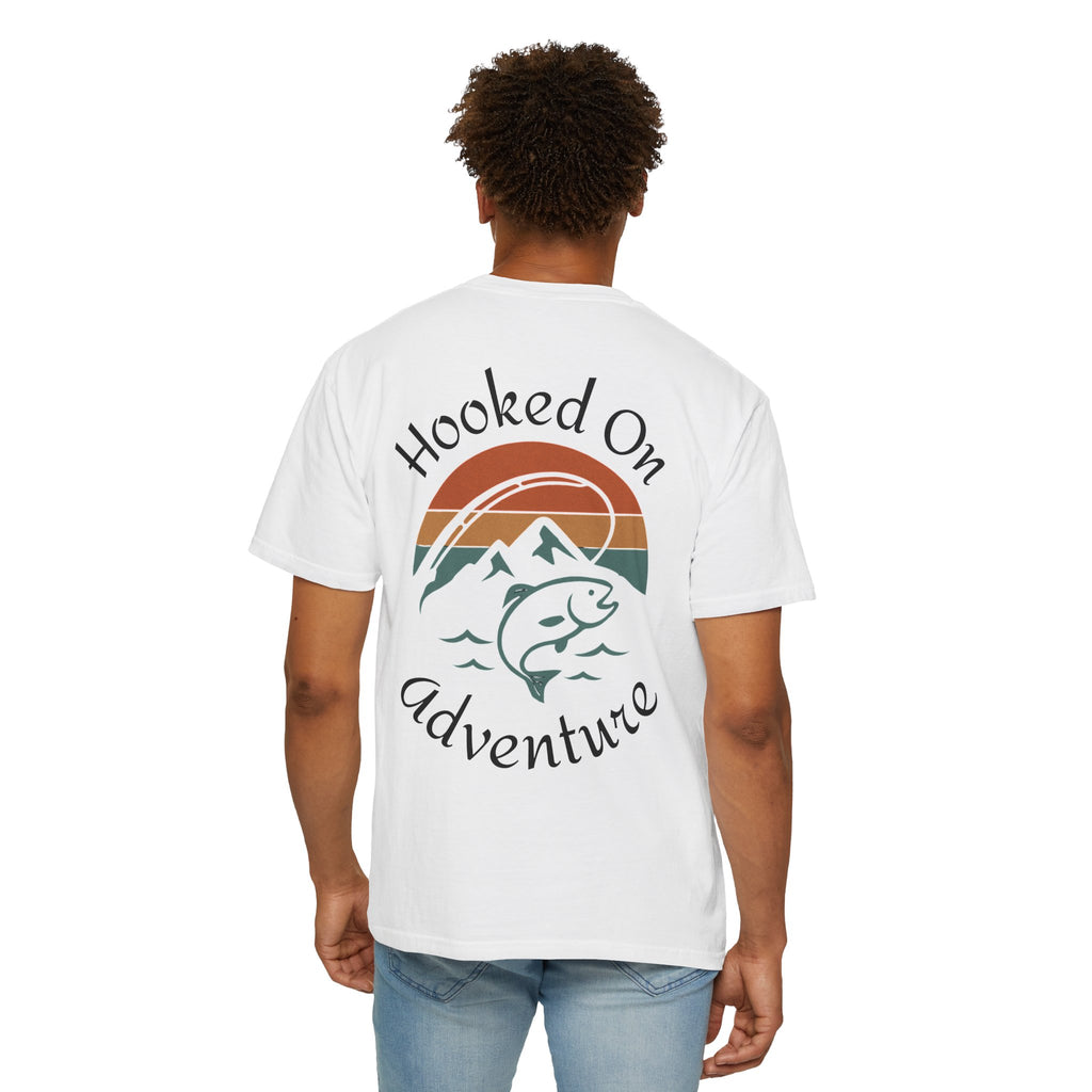 Hooked On Adventure T-Shirt - Retro Fishing Mountain Tee--Graphic on Back