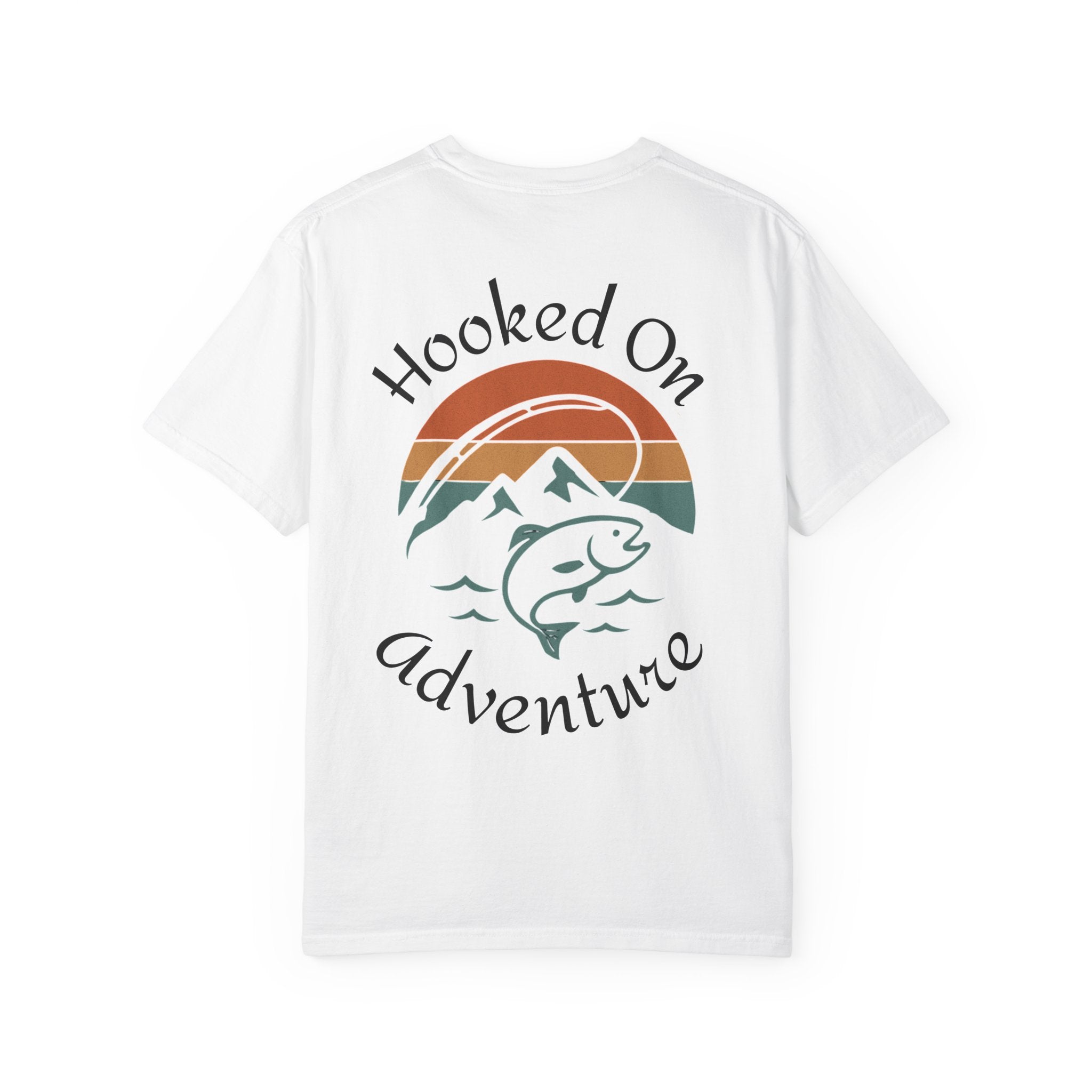 Hooked On Adventure T-Shirt - Retro Fishing Mountain Tee--Graphic on Back