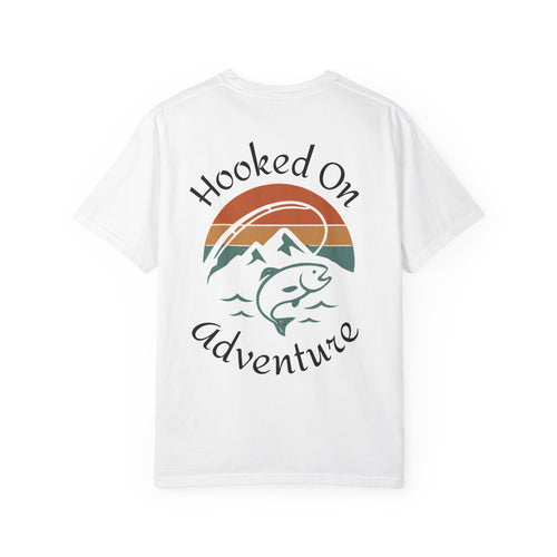 Hooked On Adventure T-Shirt - Retro Fishing Mountain Tee--Graphic on Back