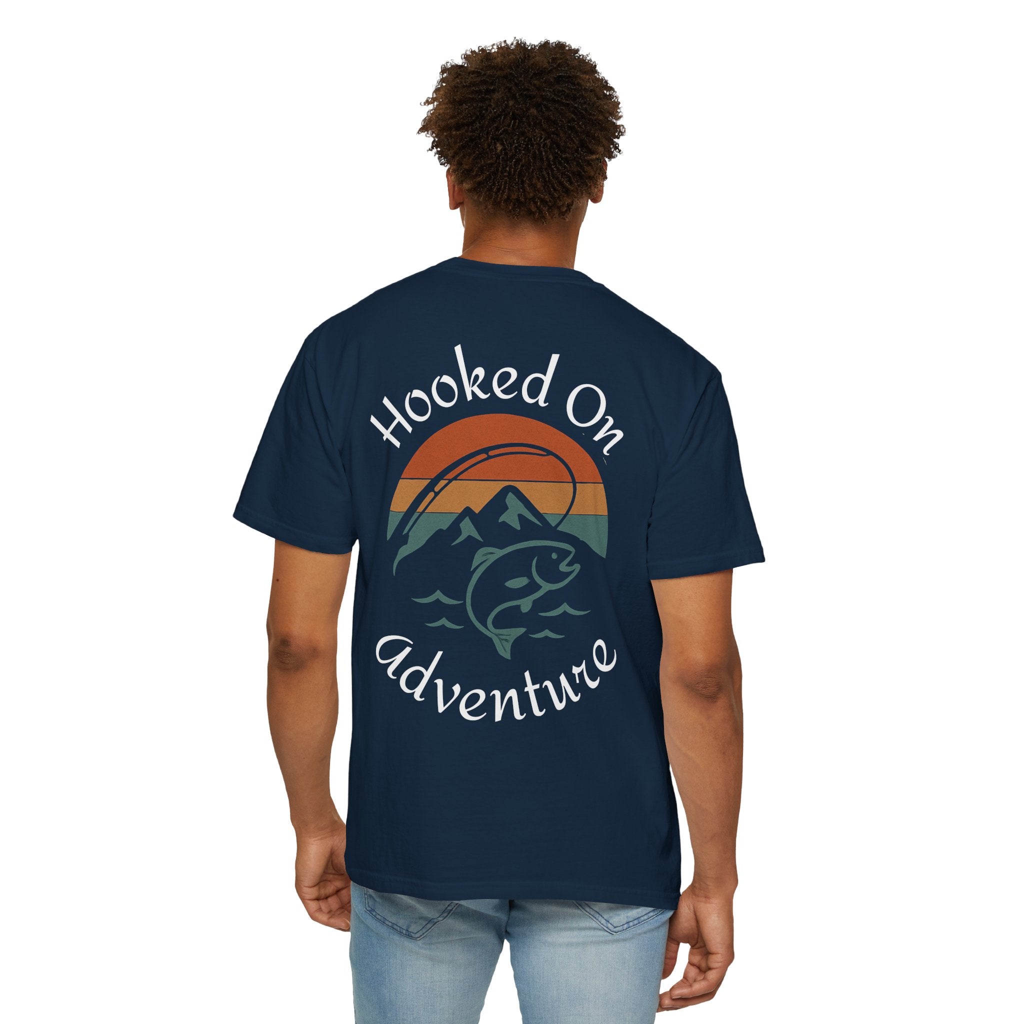 Hooked On Adventure T-Shirt - Retro Fishing Mountain Tee--Graphic on Back