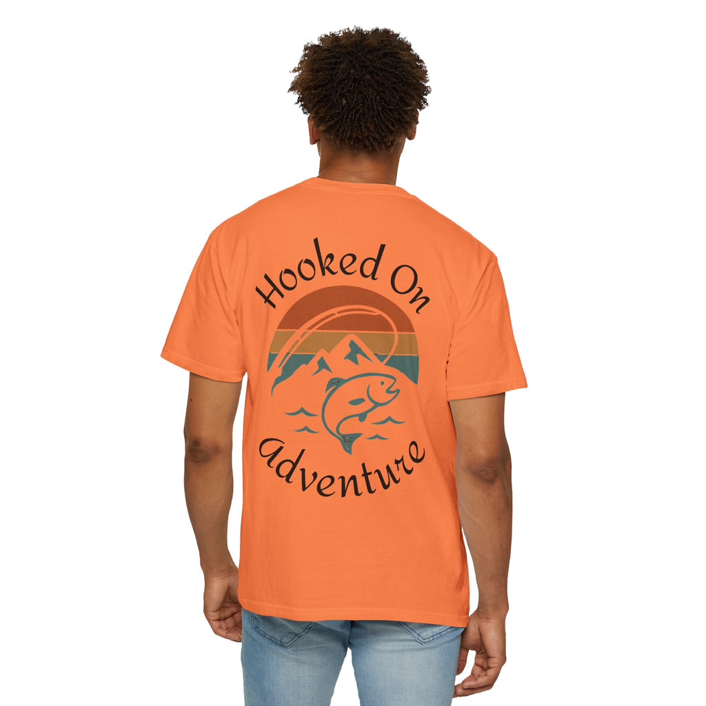 Hooked On Adventure T-Shirt - Retro Fishing Mountain Tee--Graphic on Back