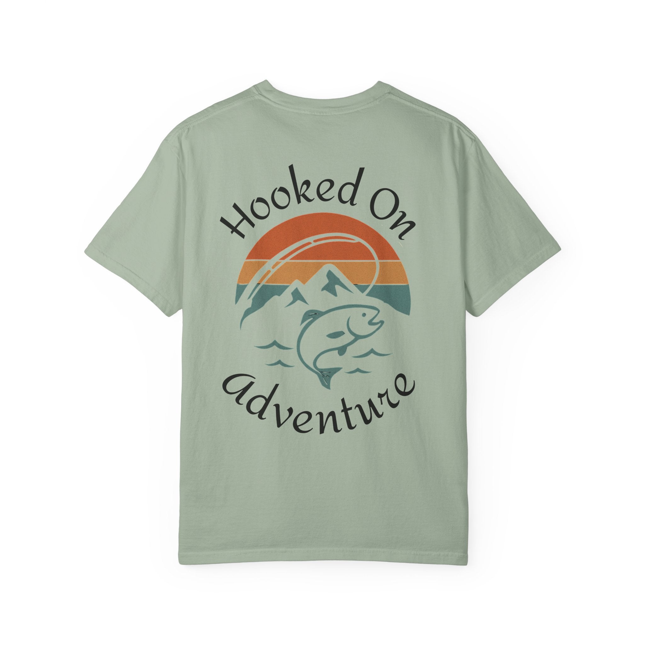 Hooked On Adventure T-Shirt - Retro Fishing Mountain Tee--Graphic on Back