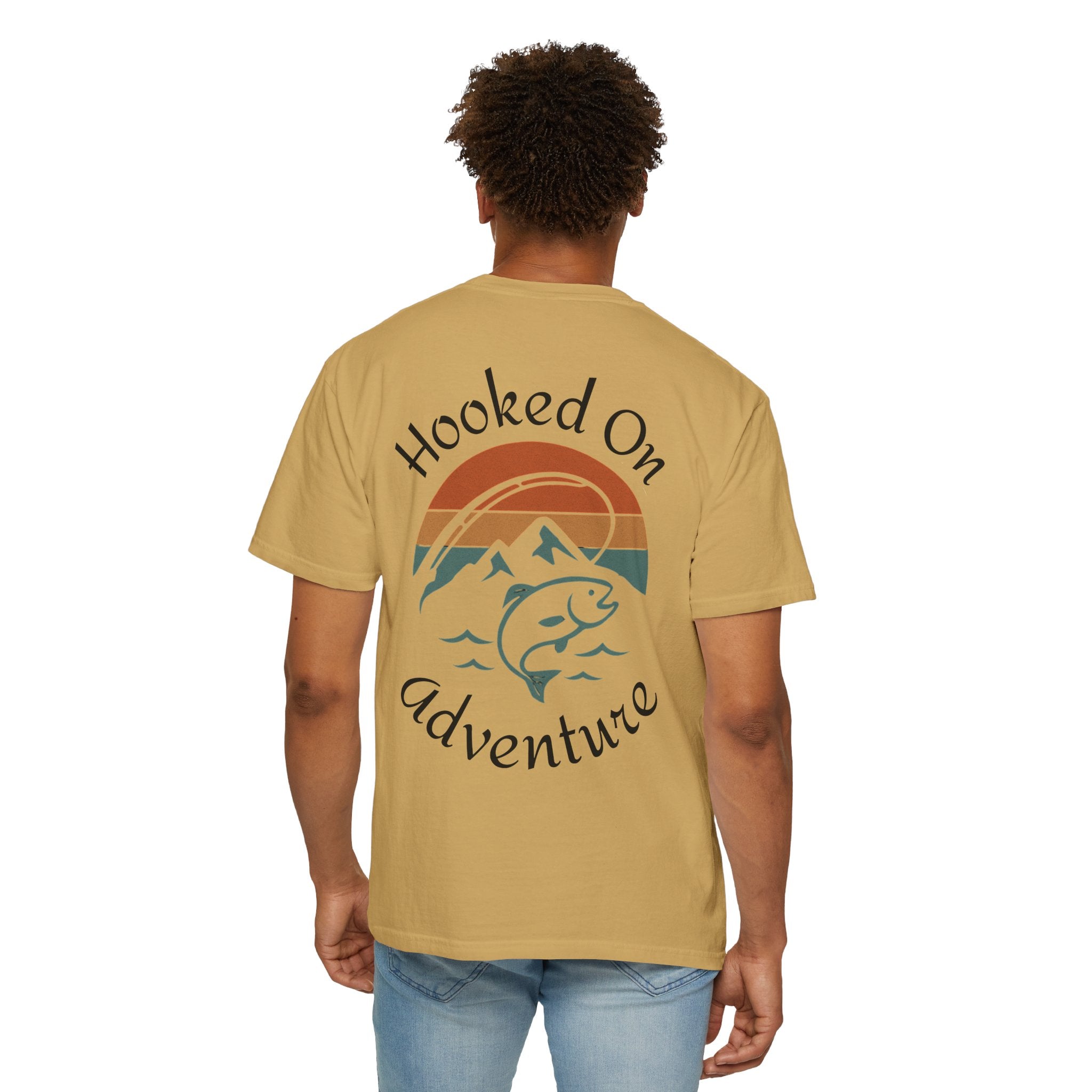 Hooked On Adventure T-Shirt - Retro Fishing Mountain Tee--Graphic on Back