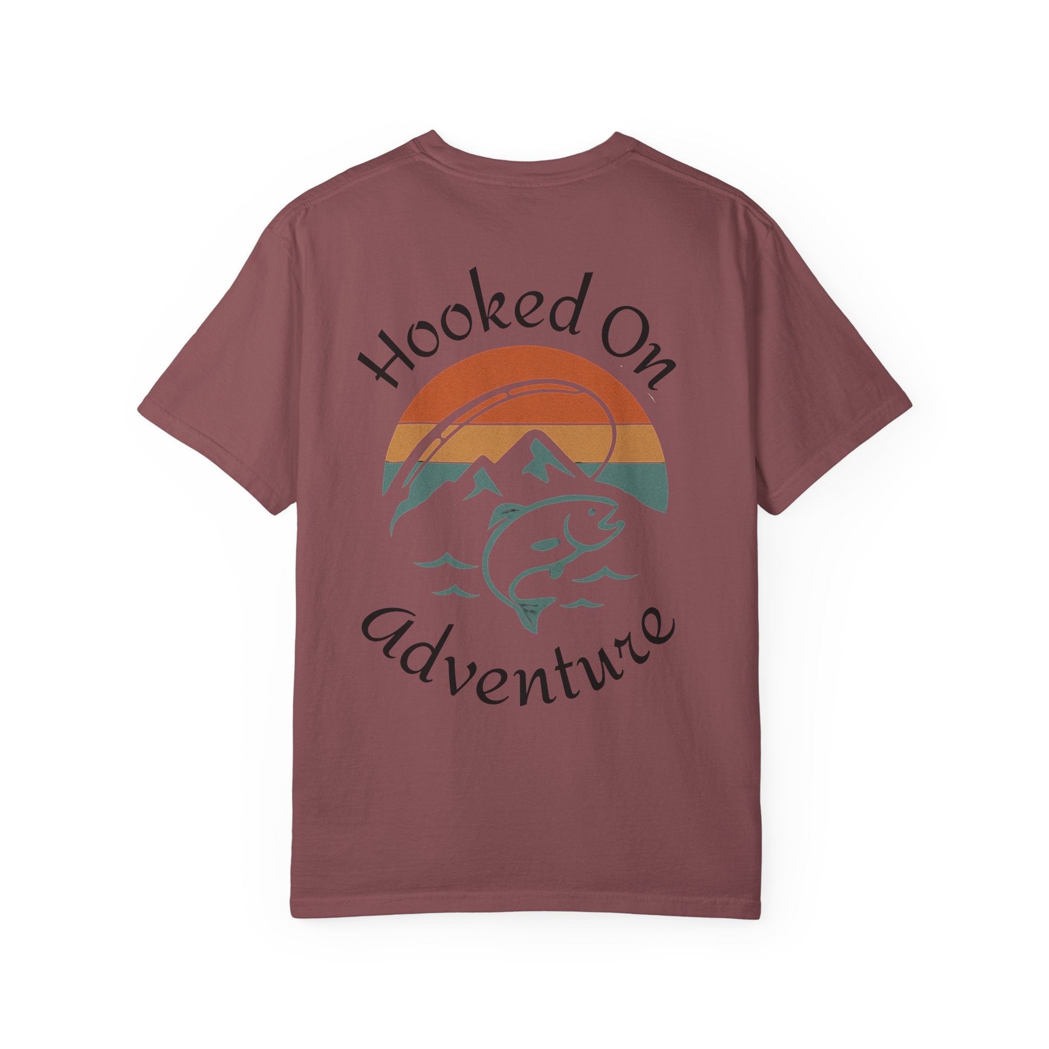 Hooked On Adventure T-Shirt - Retro Fishing Mountain Tee--Graphic on Back
