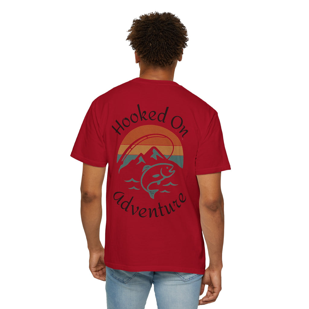 Hooked On Adventure T-Shirt - Retro Fishing Mountain Tee--Graphic on Back
