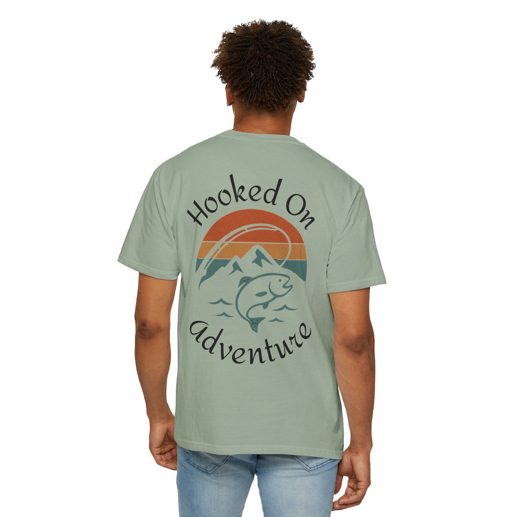 Hooked On Adventure T-Shirt - Retro Fishing Mountain Tee--Graphic on Back