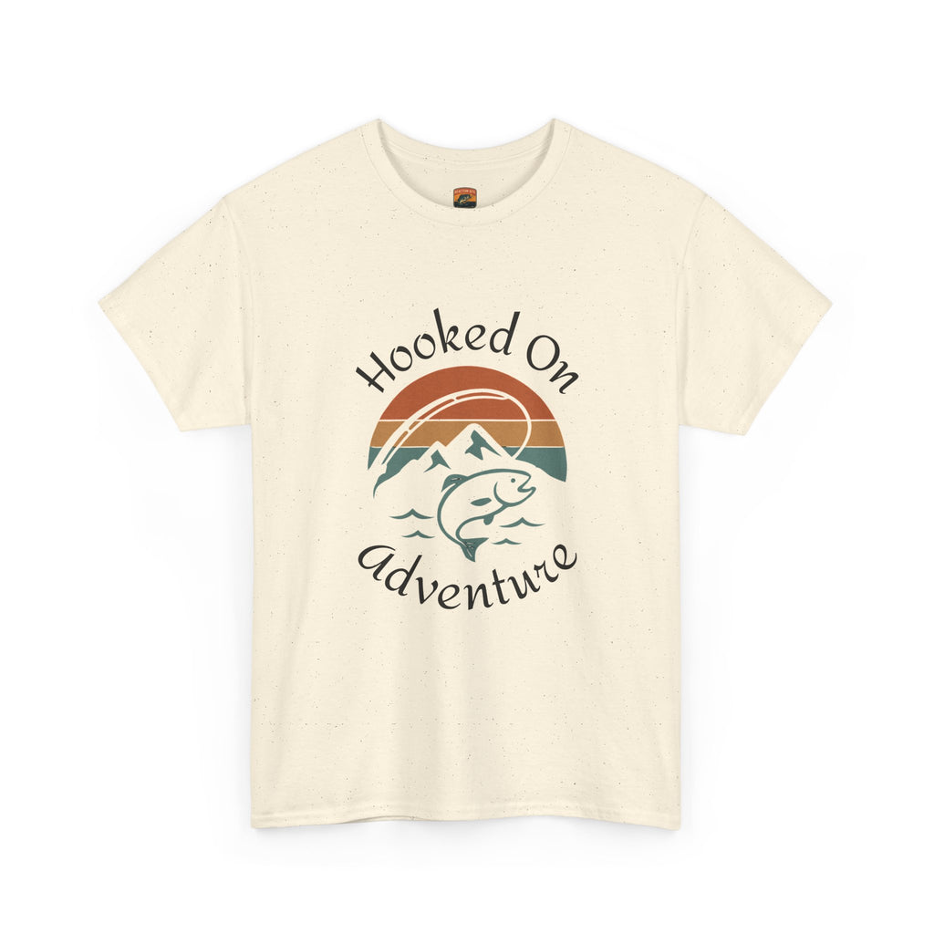 "Hooked on Adventure" Retro Mountain Fishing Graphic Tee--Front Graphic Fishing T-Shirt