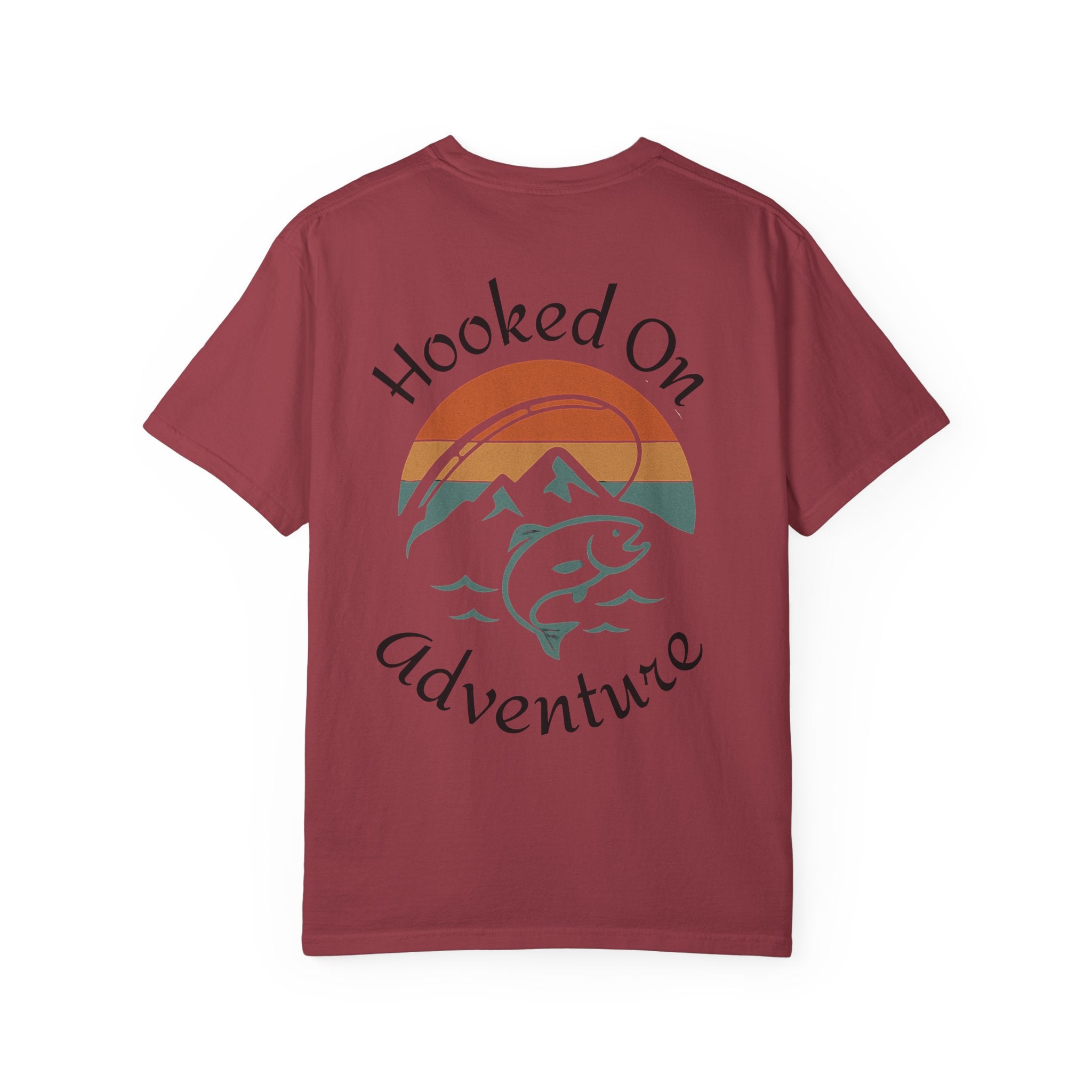 Hooked On Adventure T-Shirt - Retro Fishing Mountain Tee--Graphic on Back