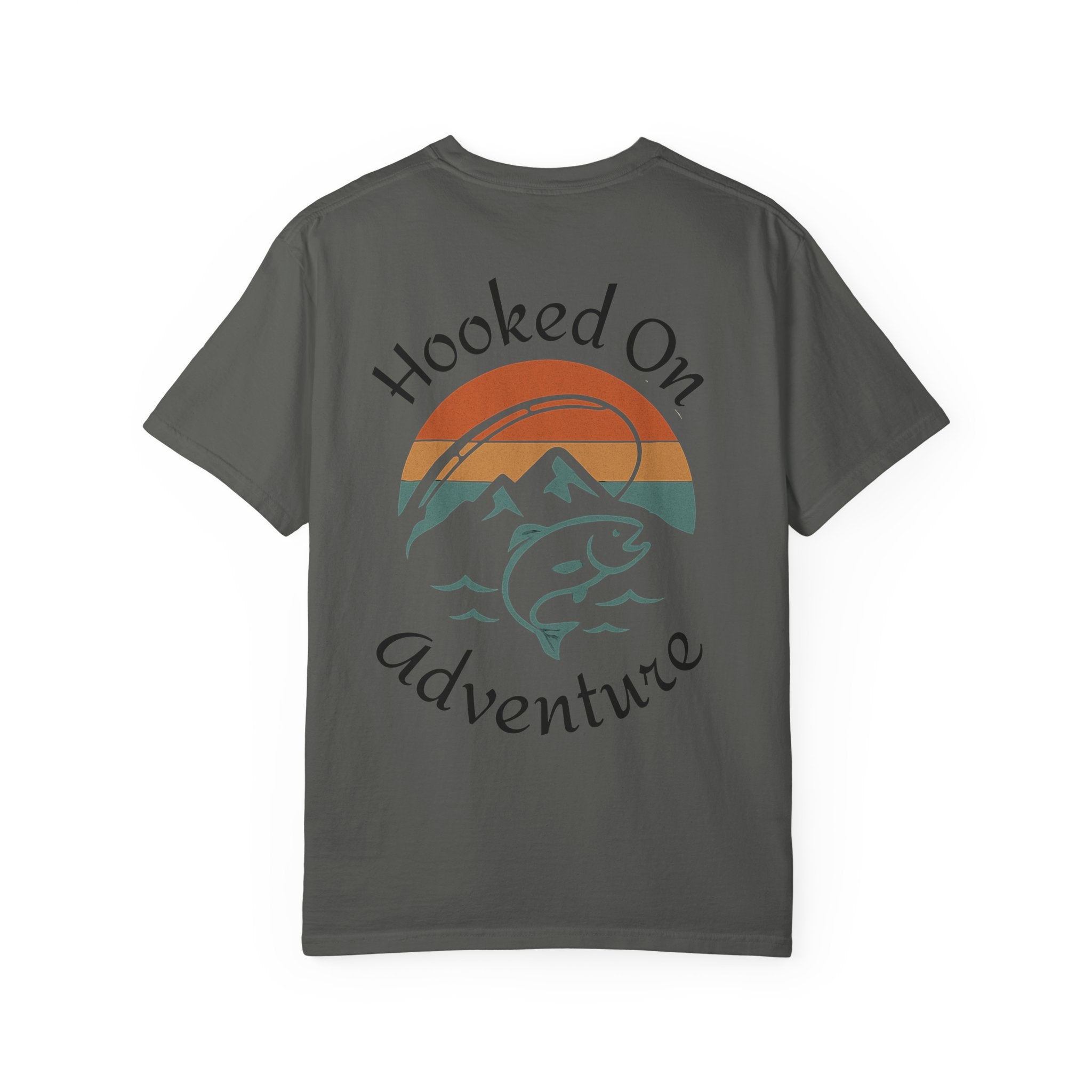 Hooked On Adventure T-Shirt - Retro Fishing Mountain Tee--Graphic on Back