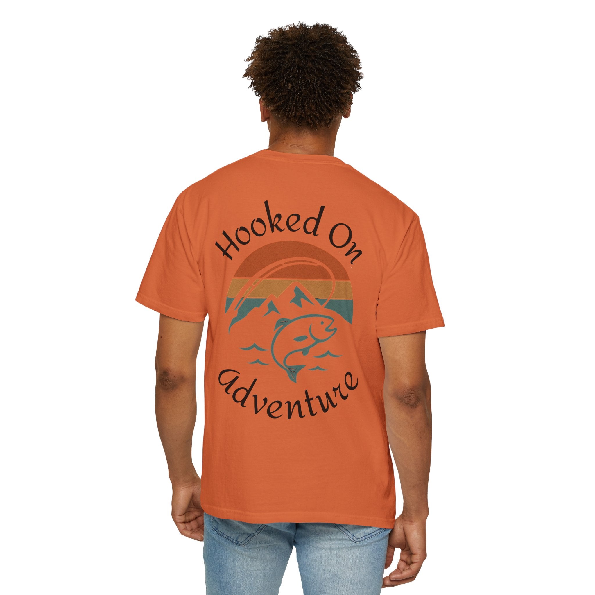 Hooked On Adventure T-Shirt - Retro Fishing Mountain Tee--Graphic on Back
