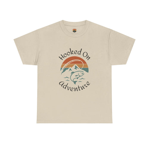 "Hooked on Adventure" Retro Mountain Fishing Graphic Tee--Front Graphic Fishing T-Shirt
