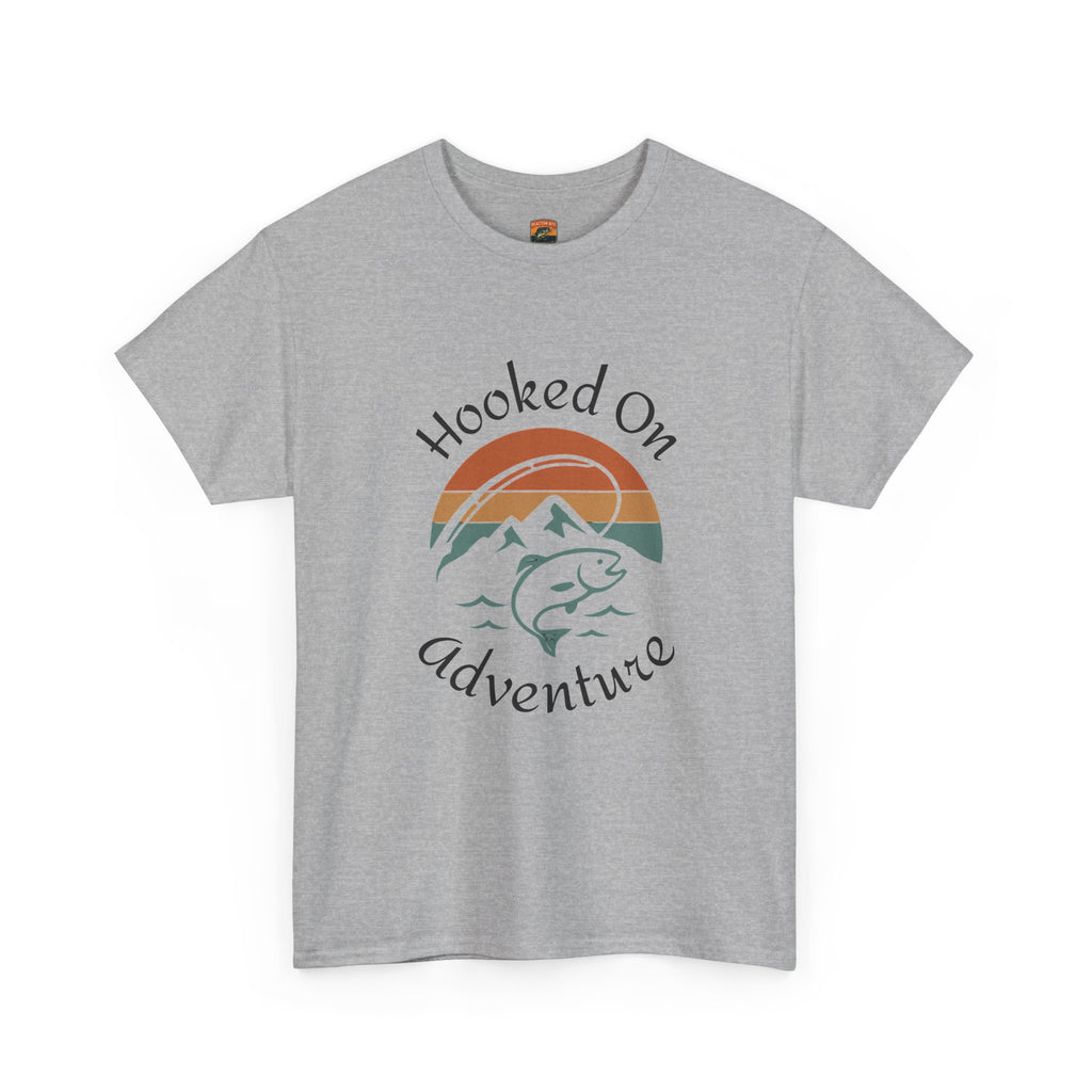 "Hooked on Adventure" Retro Mountain Fishing Graphic Tee--Front Graphic Fishing T-Shirt