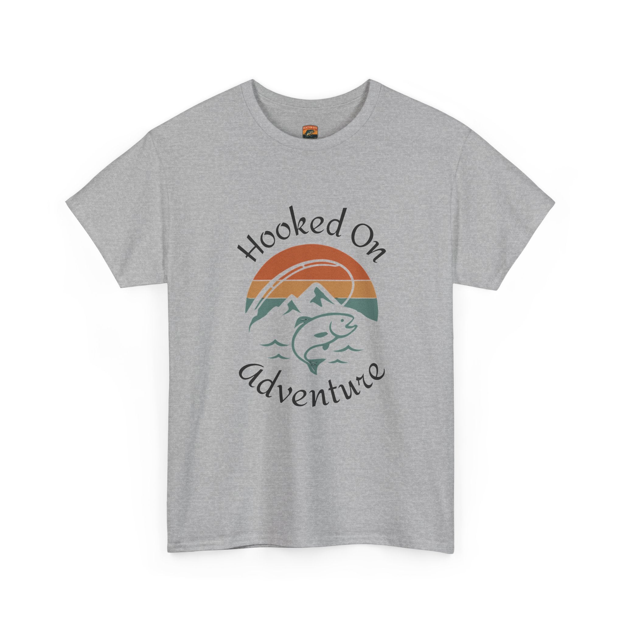"Hooked on Adventure" Retro Mountain Fishing Graphic Tee--Front Graphic Fishing T-Shirt