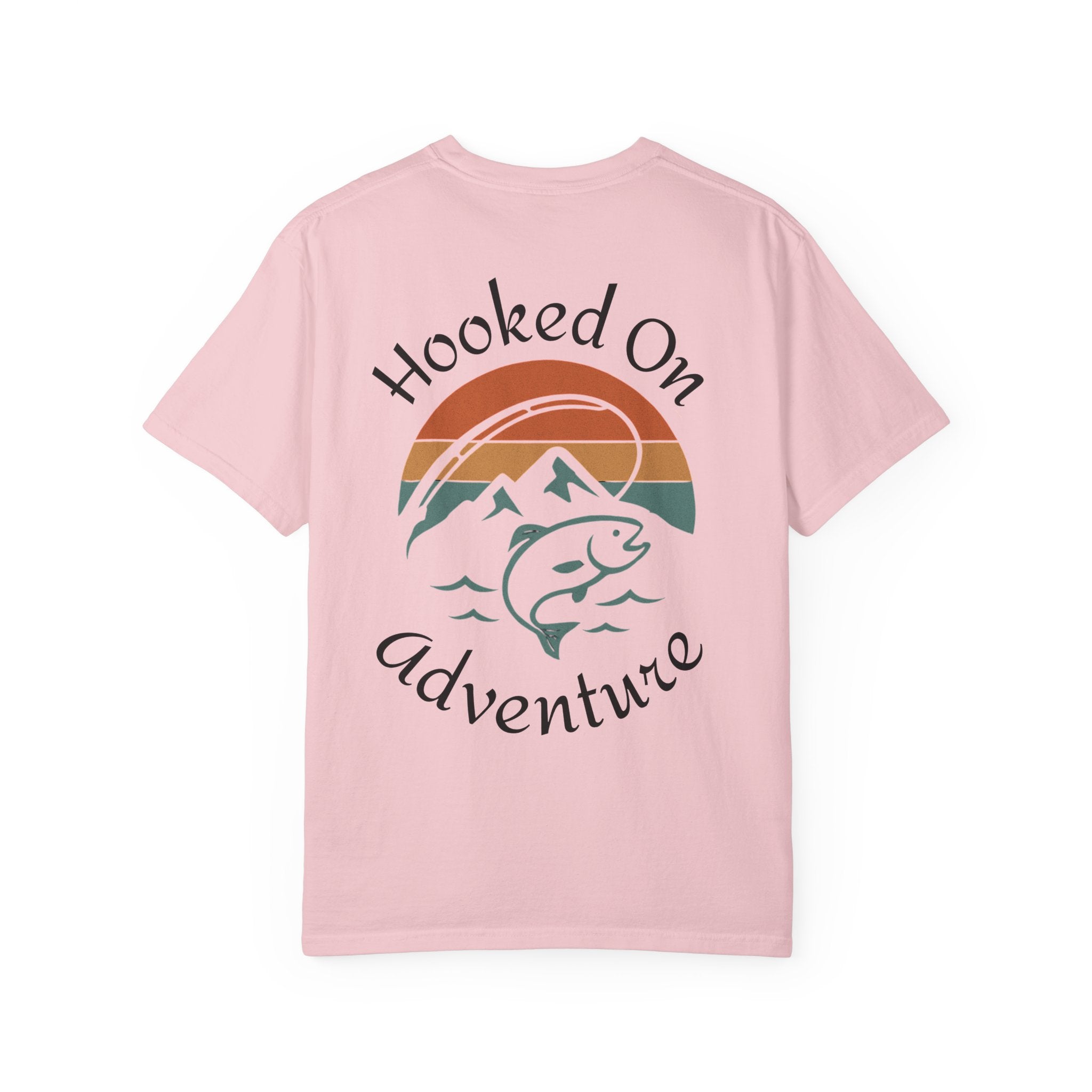 Hooked On Adventure T-Shirt - Retro Fishing Mountain Tee--Graphic on Back