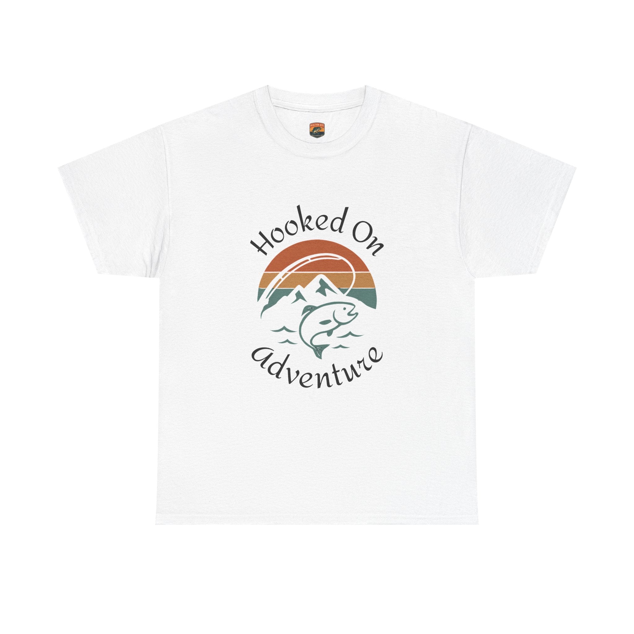 "Hooked on Adventure" Retro Mountain Fishing Graphic Tee--Front Graphic Fishing T-Shirt