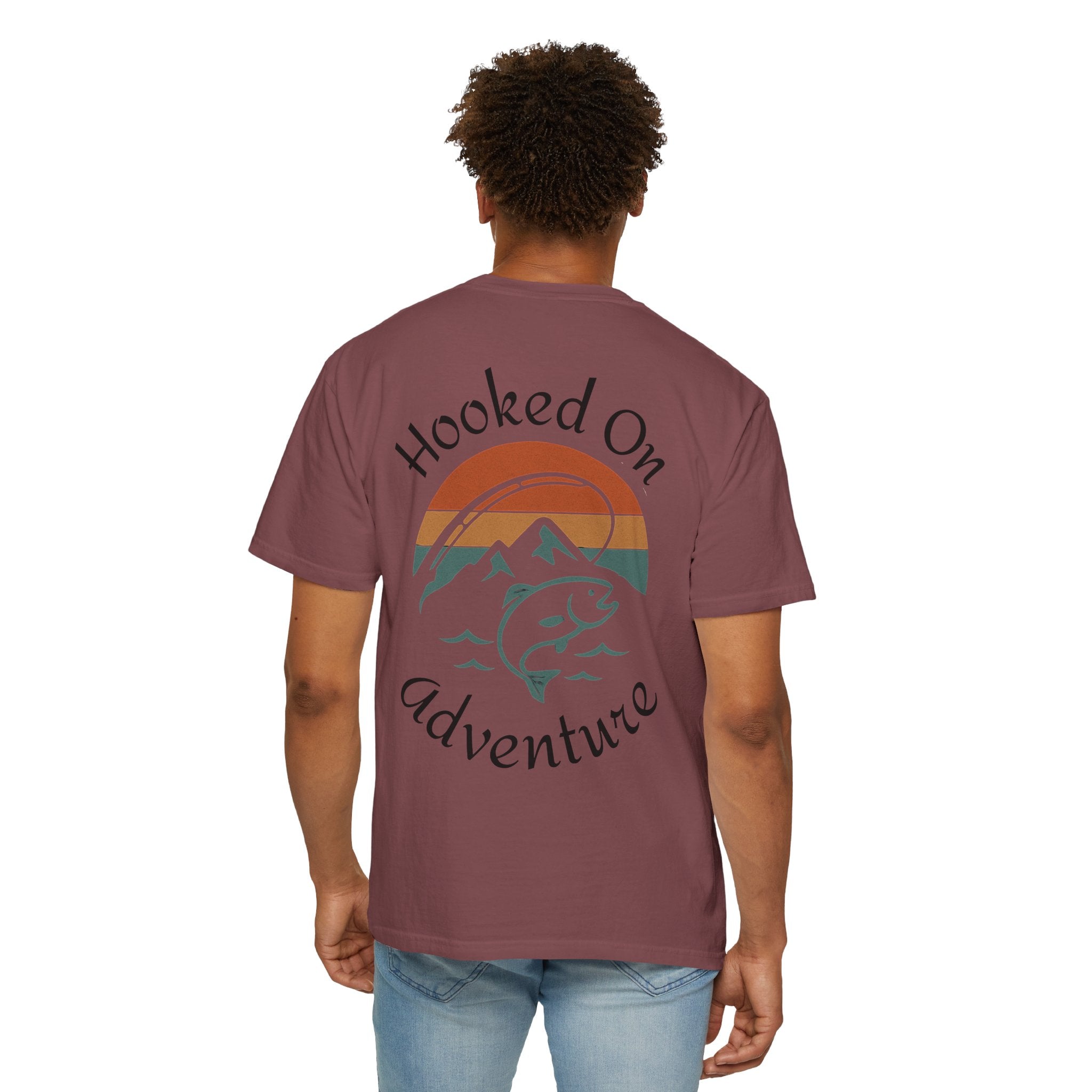 Hooked On Adventure T-Shirt - Retro Fishing Mountain Tee--Graphic on Back