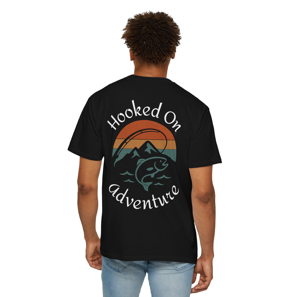 Hooked On Adventure T-Shirt - Retro Fishing Mountain Tee--Graphic on Back