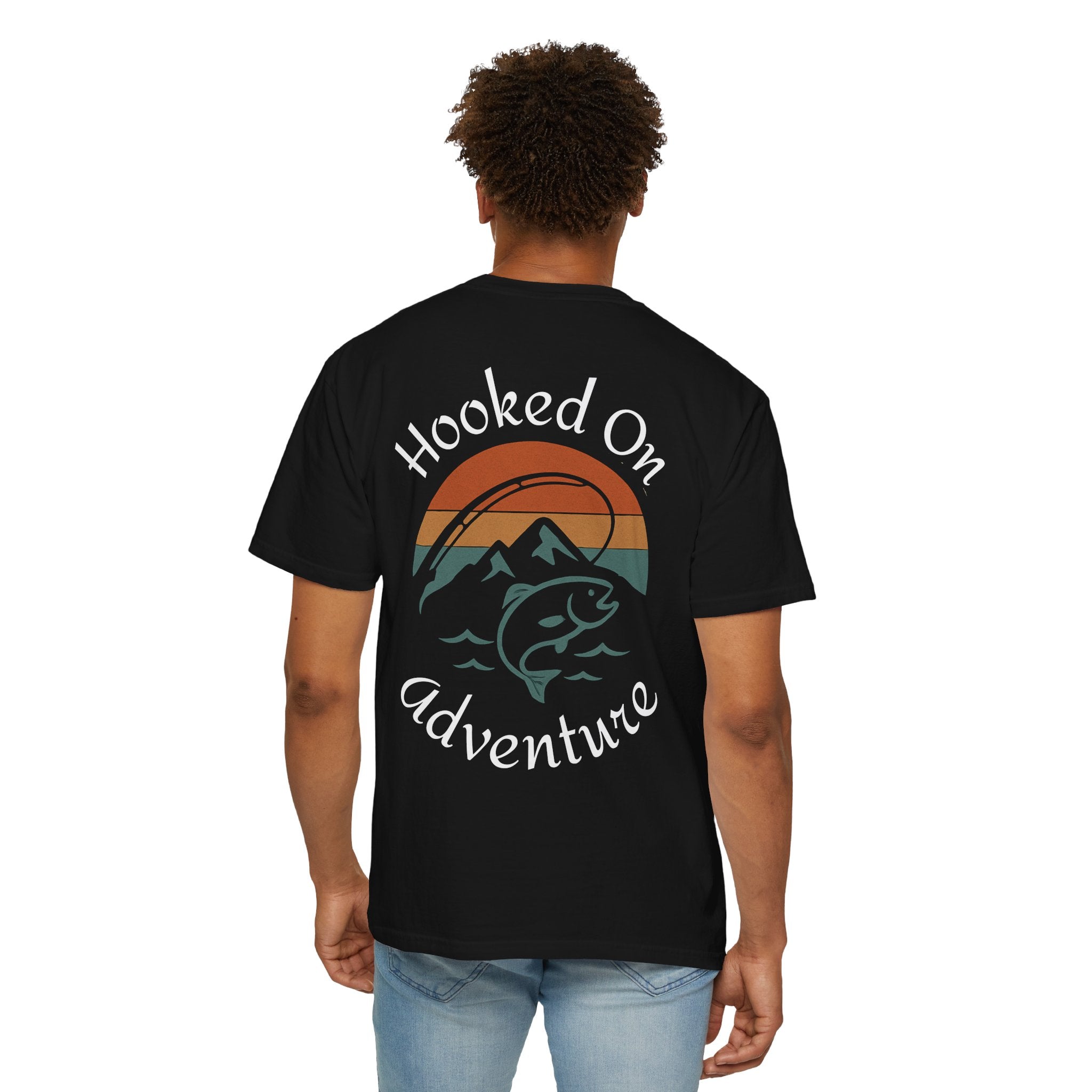 Hooked On Adventure T-Shirt - Retro Fishing Mountain Tee--Graphic on Back