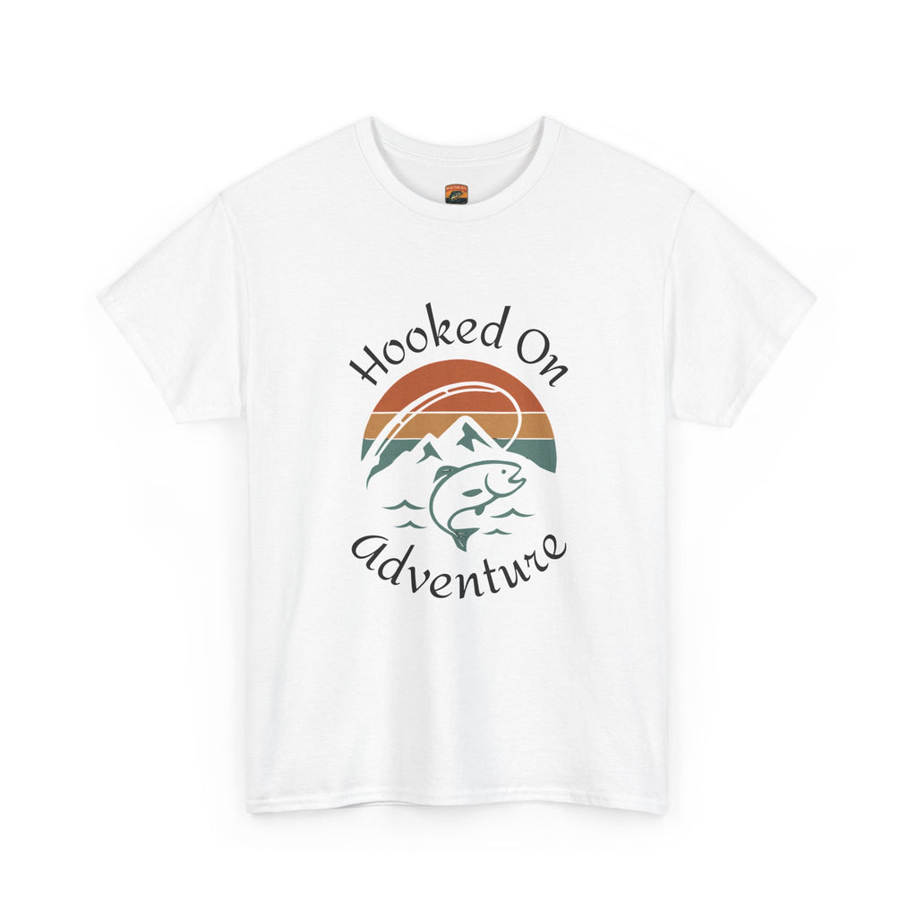 "Hooked on Adventure" Retro Mountain Fishing Graphic Tee--Front Graphic Fishing T-Shirt